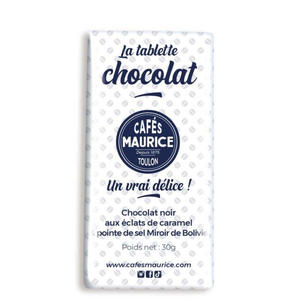 la tablette chocolat noir aux éclats de caramel et pointe de sel miroir de Bolivie Cafés Maurice torréfacteur Toulon Sanary 83